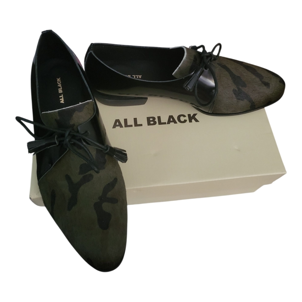 All Black Sir‎ Furman Camo Calf Hair Black Patent Tassel Oxfords 39/8-8.5 Womens
